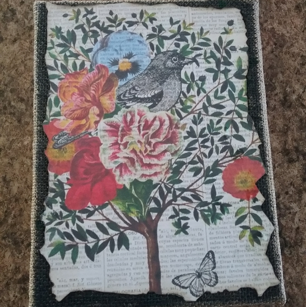 Bird, flower and butterfly burlap decor